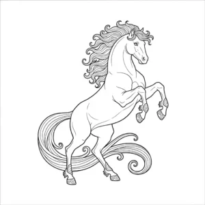 High-contrast black and line art coloring page featuring a fantastical horse creature with twenty-five detailed legs and a flowing mane, suitable for an adult coloring book.