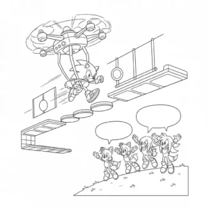 Black and coloring page showing Sonic running an aerial obstacle course. A drone shades him, while Tails and Knuckles cheer for him below.
