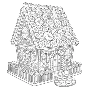 Detailed black and coloring page of a whimsical gingerbread candy house adorned with intricate frosting trim and lollipops covering the roof.