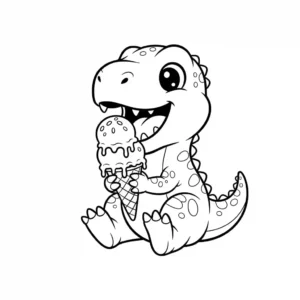 Detailed black and line art coloring page featuring a small, cute baby Tyrannosaurus Rex happily eating a large double-scoop ice cream cone. The illustration is crisp, isolated on , and ready for printing.