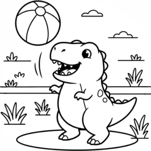 Black and line art coloring page showing a cute cartoon dinosaur playing with a beach ball.