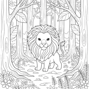 Black and line art coloring page illustration showing a detailed lion standing among thick trees and dense forest foliage.