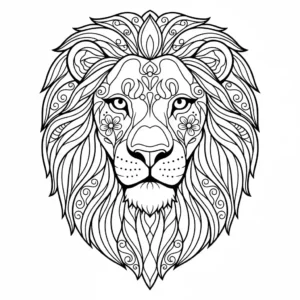Black and line art illustration for a coloring book showing a detailed, majestic lion portrait with intricate geometric patterns in its mane.