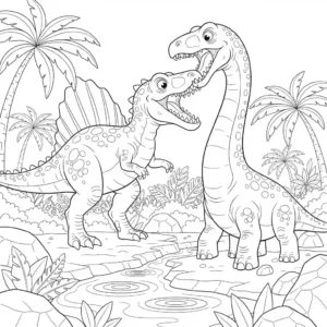 Detailed black and line art coloring page illustration of a fierce battle between a roaring Spinosaurus and a colossal long-necked Sauropod dinosaur.