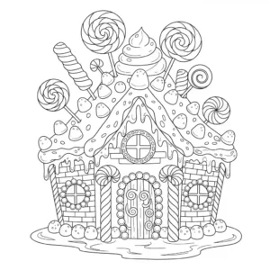 Black and detailed line drawing of a whimsical gingerbread candy house decorated with lollipops and gumdrops, suitable for a coloring book.