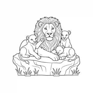 Detailed black and line art coloring page depicting a lion family (lion, lioness, and two cubs) resting on a rock in a savanna setting.