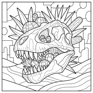 Detailed T-Rex skull with succulents and cactus coloring page.