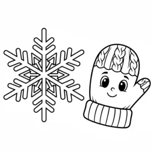 Black and coloring page featuring clean line art of a detailed snowflake and a smiling winter mitten with a cute face stitched on it. Isolated object for easy printing.