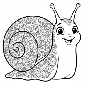 Simple black and line art of an animated snail with a patterned shell for a children's coloring book.