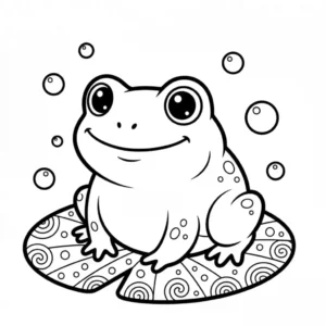 A simple black and line art illustration of a cute animated frog on a lily pad for a children's coloring book page.