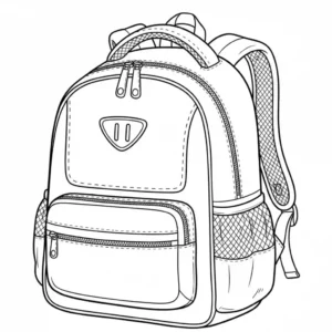 Black and line art illustration of a backpack with pockets and zippers for a coloring book.