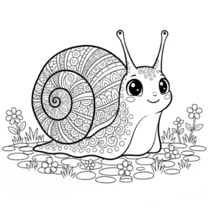 Black and line art illustration of a snail with a decorated shell in a simple garden, perfect for a coloring book.