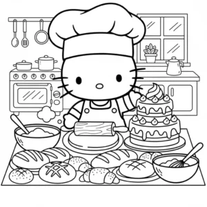 Black and outline coloring page of Hello Kitty as a baker with bread and cakes in the kitchen.