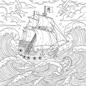 Black and outline coloring page featuring a detailed pirate ship sailing on a stormy ocean with big waves.