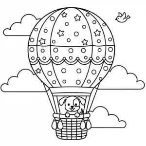 Simple black and line art coloring page of a cute puppy riding in a patterned hot air balloon basket among fluffy clouds.