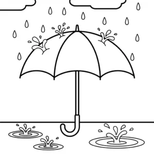 Simple black and line art illustration of an umbrella in the rain, designed as a printable coloring page.