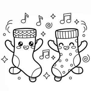 Black and line art of cute personified socks dancing with musical notes and stars, designed for a children's coloring book.