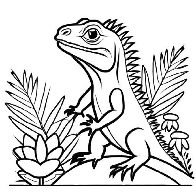 Iguana surrounded by tropical plants and flowers