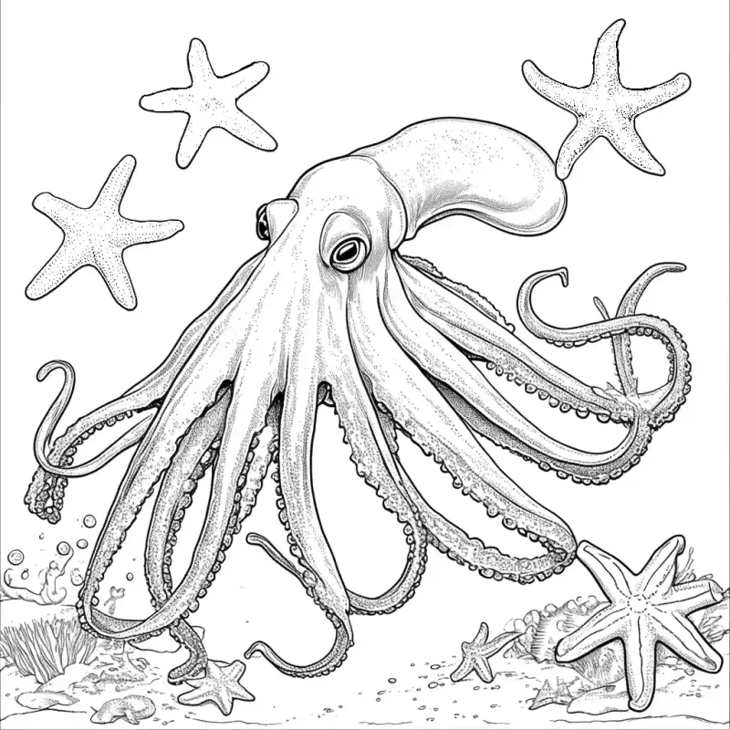 Cuttlefish with starfish coloring page Lulu Pages