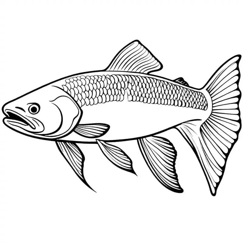 Detailed outline of a salmon with prominently featured fins and scales against a plain background. coloring page
