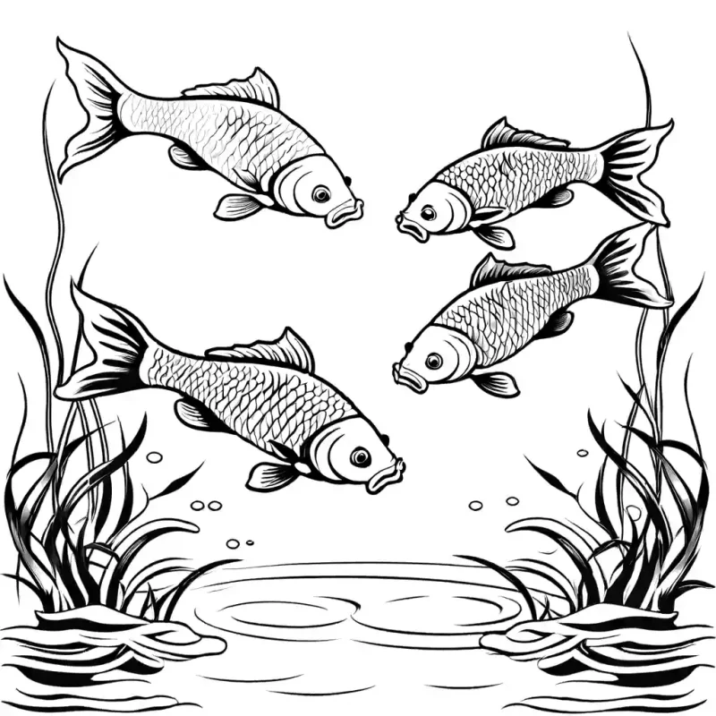 Outline illustration of a group of Carps swimming together in water. coloring page