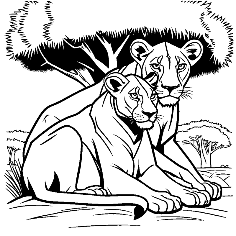 Lioness and cub resting in african wilderness coloring page Lulu Pages