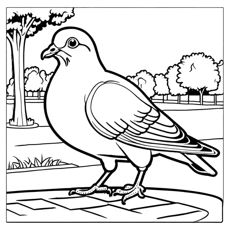Pigeon pecking at bread crumbs on the ground in a park coloring page