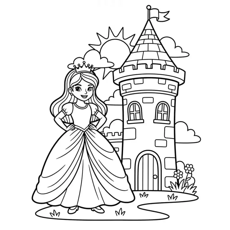 Simple coloring page outline drawing of a princess standing in front of a castle tower.
