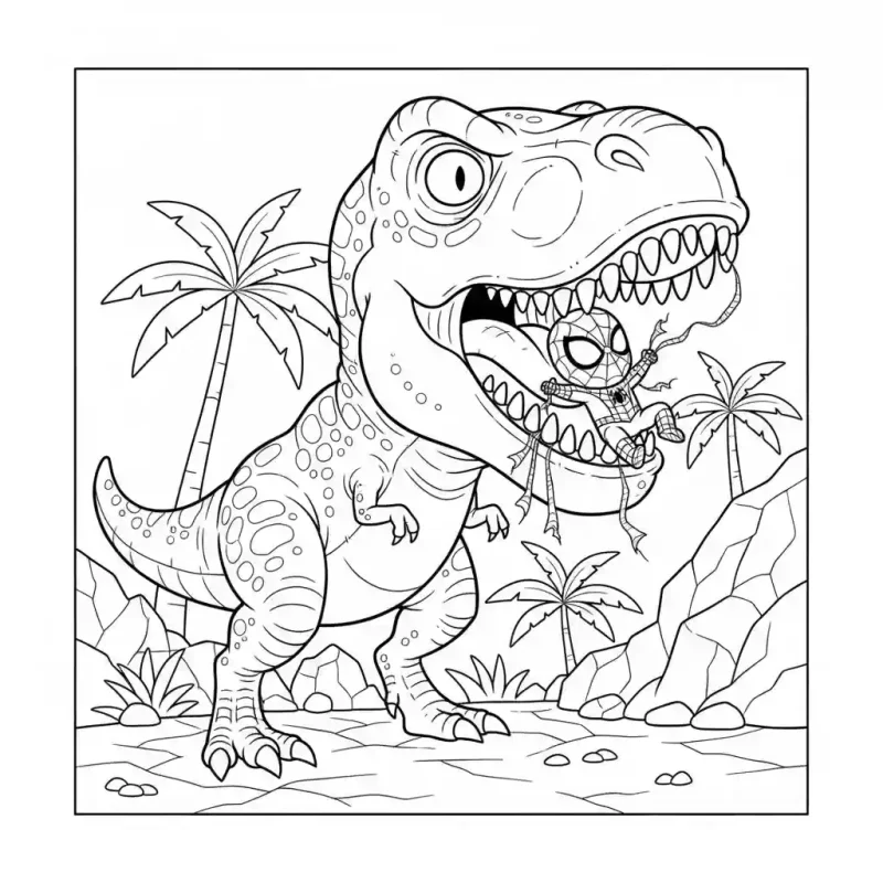 T-Rex Eating Spiderman Coloring Page Lulu Pages